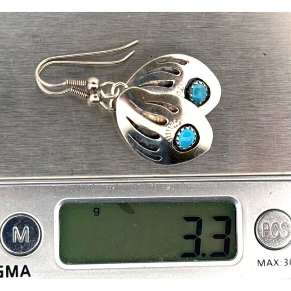 Estate Sterling Silver Bear Paw Turquoise Gem Dangle Earrings 925 Native Style - Picture 8 of 8